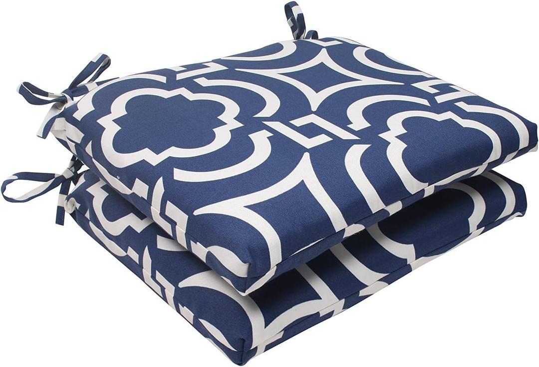 Pillow Perfect Trellis Indoor/Outdoor Chair Pad With Ties, 2 Count, 16 x 18.5, Blue Carmody Navy
