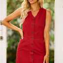 LookbookStore Women Sleeveless V Neck Button Down Frayed Hem Short Denim Dress (Red, XXL)