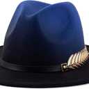 Gossifan Women Gradient Color Fedora Wide Brim Felt Panama Hat with Belt Buckle (Medium, Royal Blue/Black)