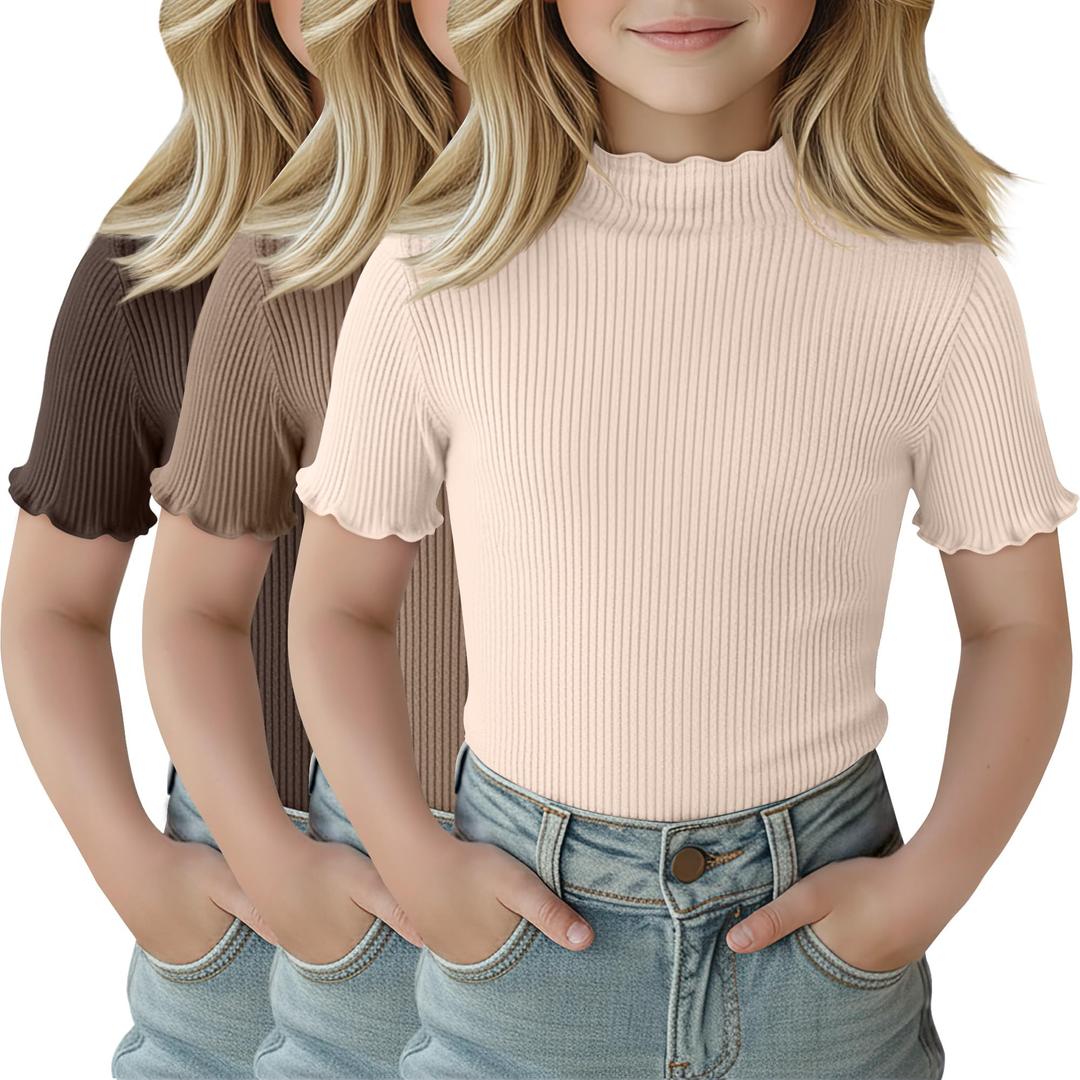 2 x LessonZoo 3 Pack Girls Shirts Short Sleeve Mock Turtleneck Cotton Cute Lettuce Trim Summer Tops 5-14Y Kids Clothes(Brown, Mocha, Cream,5-6 Years)