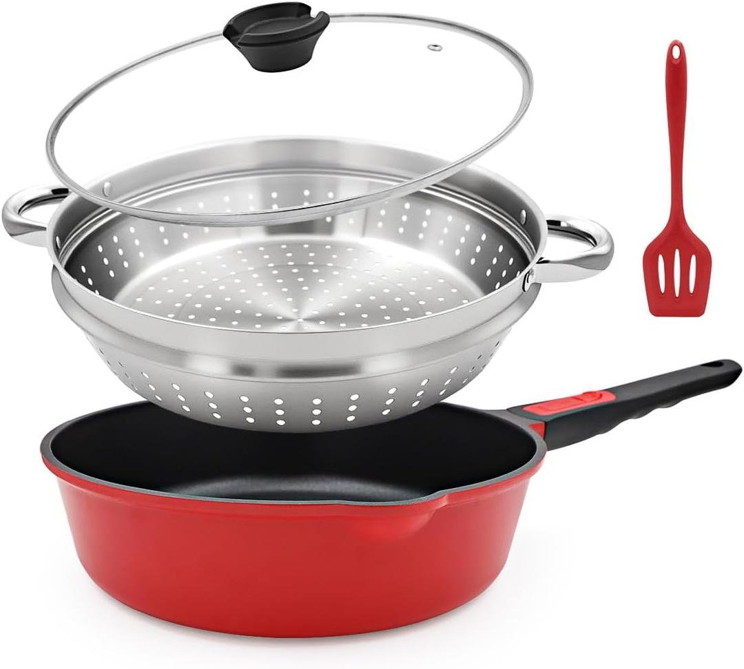 12-Inch Non Stick Deep Frying Pan Skillet with Steamer, 5 QT Nonstick Saute Pan with Lid & Detachable Handle, Induction Cooking Pan, Compatible with All Cooktops, Oven Safe, PFOA Free, Red