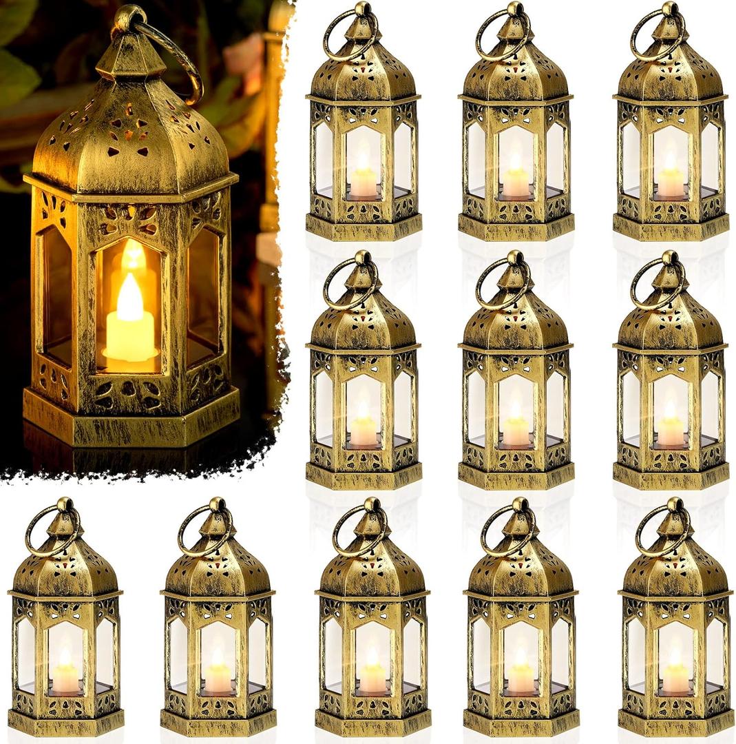 12 Pieces Mini Lanterns with Flickering LED Candle, Batteries Included, Decorative Hanging Candle Lantern for Indoor Use, Wedding, Party, Table Centerpiece (Gold, )