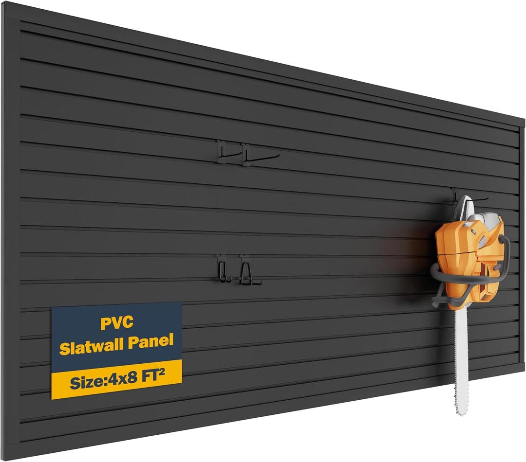 Slat Wall Paneling 4 x 8ft, PVC Slatwall Garage Wall Organizer, Black Slatwall Panels Garage Tool Organizer Wall Mount Storage Systems