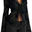 GORGLITTER Women's Sheer Bell Long Sleeve Crop Tops Y2K Fall Mesh Tie Front Gothic Concert Going Out Tops Trendy Dressy (Medium, Print Black)