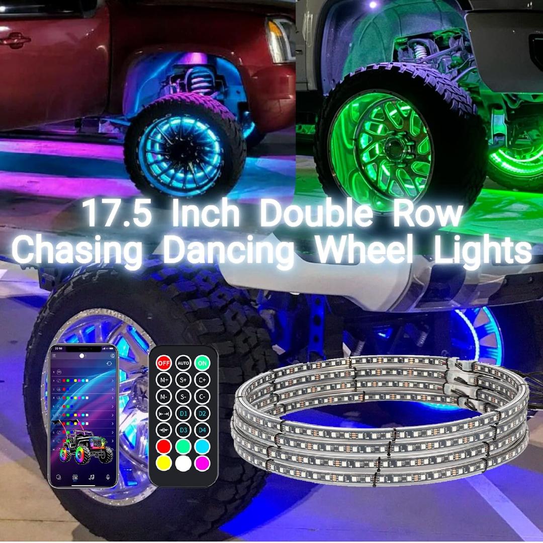 4pcs 17.5 inch Double Row Wheel Lights for Truck/Car/ATV/UTV, Dancing Chasing Color, LED Rim Wheel Ring Lights W/Turn Signal and Braking Function Controlled by Remote and App