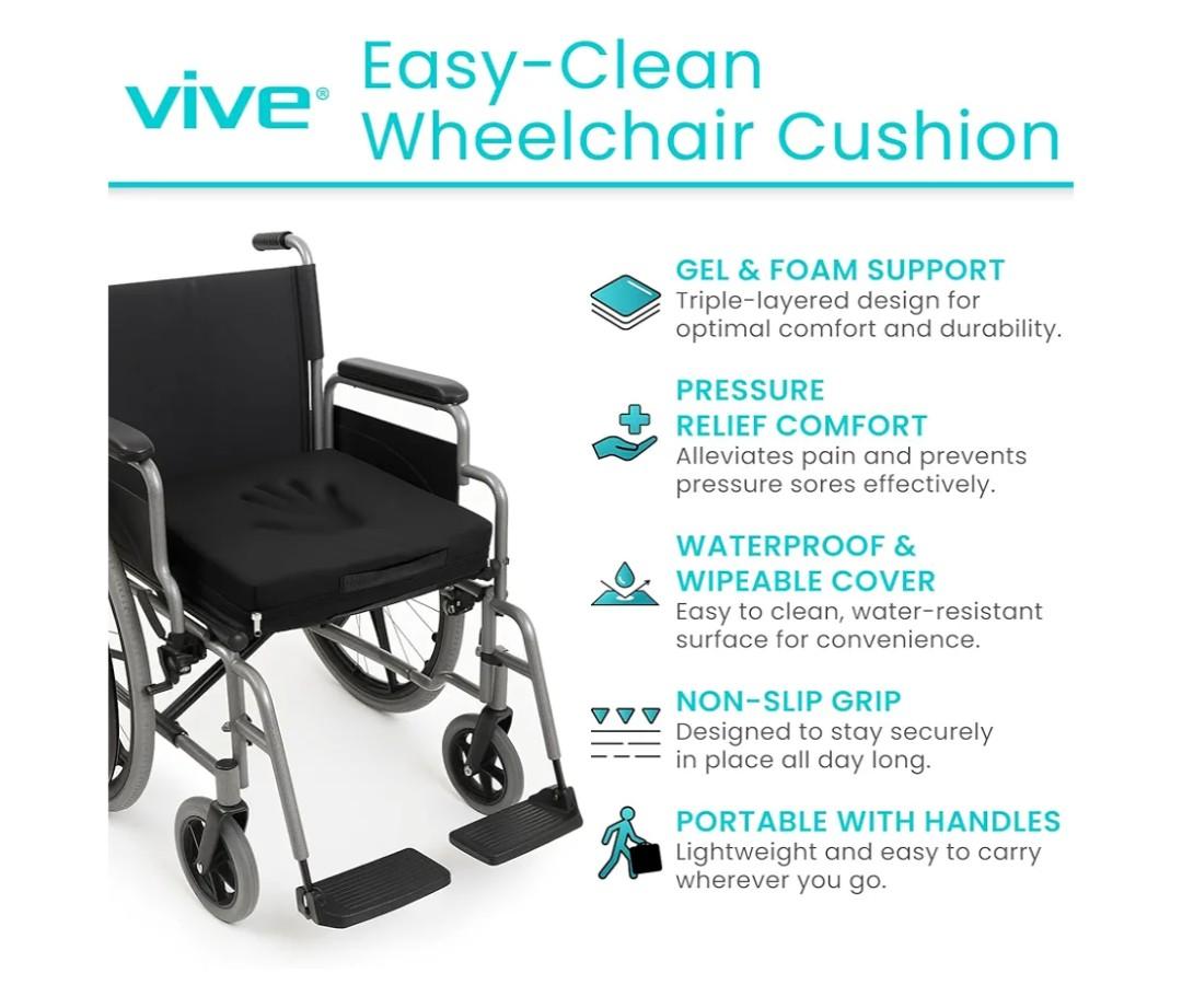 Vive Waterproof Wheelchair Cushion for Pressure Relief (18x16x3) - Washable Cover Incontinence Protection for Elderly Adults & Seniors - Memory Foam Gel Pad for Recliners, Office Chairs, Car