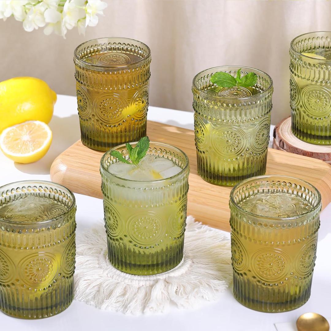 Darlion Vintage Glassware Drinking Glasses Set of 6-10.5 oz Green Glasses Water Tumbler, Embossed Glassware Cups for Juice, Beer, Cocktail, Whiskey, Various Mixed Drinks