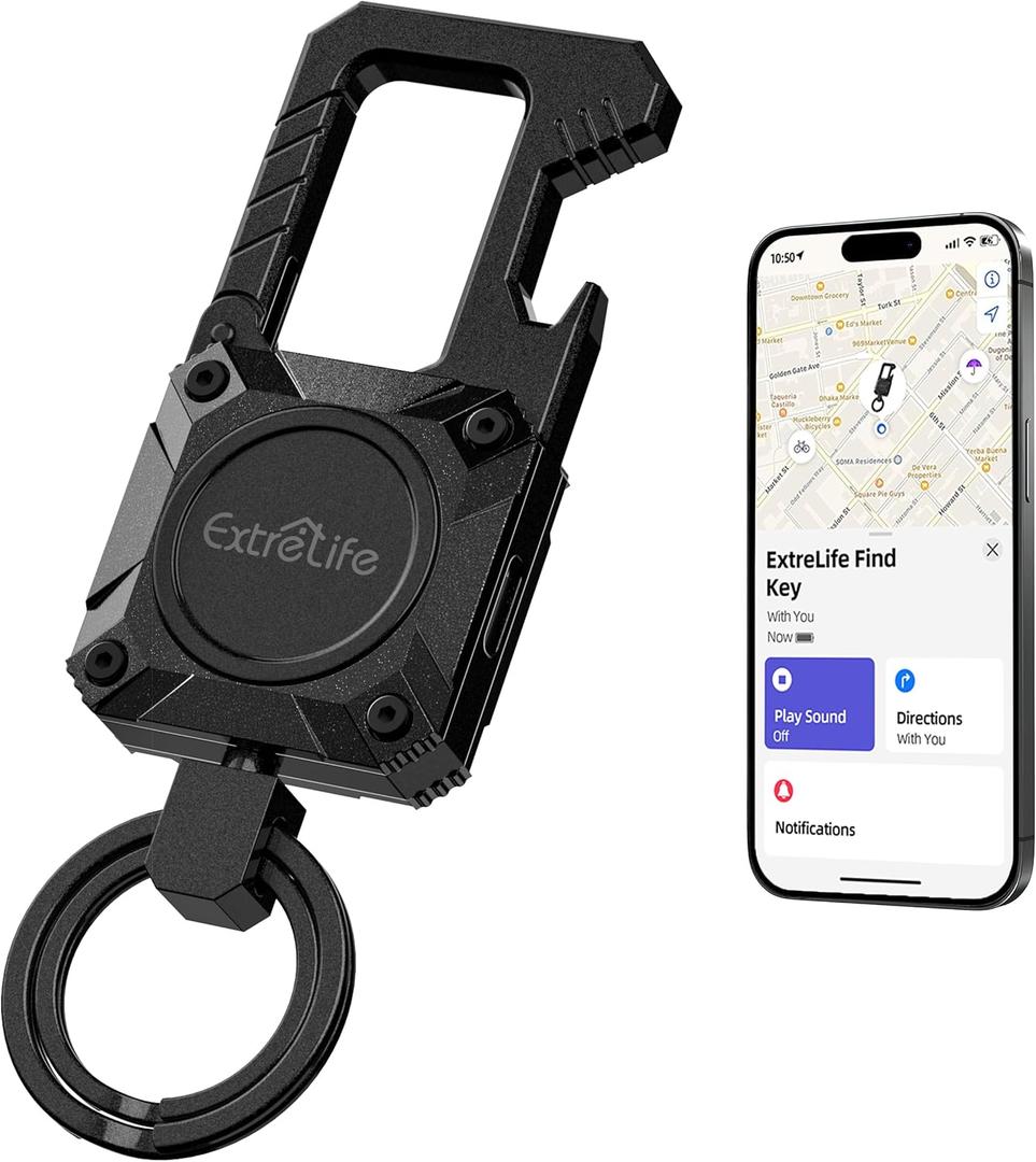 Keychain, Works with Apple Find My, Heavy Duty Keychain Bottle Opener, Carabiner Car Key Chains with GPS Tracker, Key Finder, Bluetooth Tracker for Luggage, Kids, Bags and More, Rechargeable, Black
