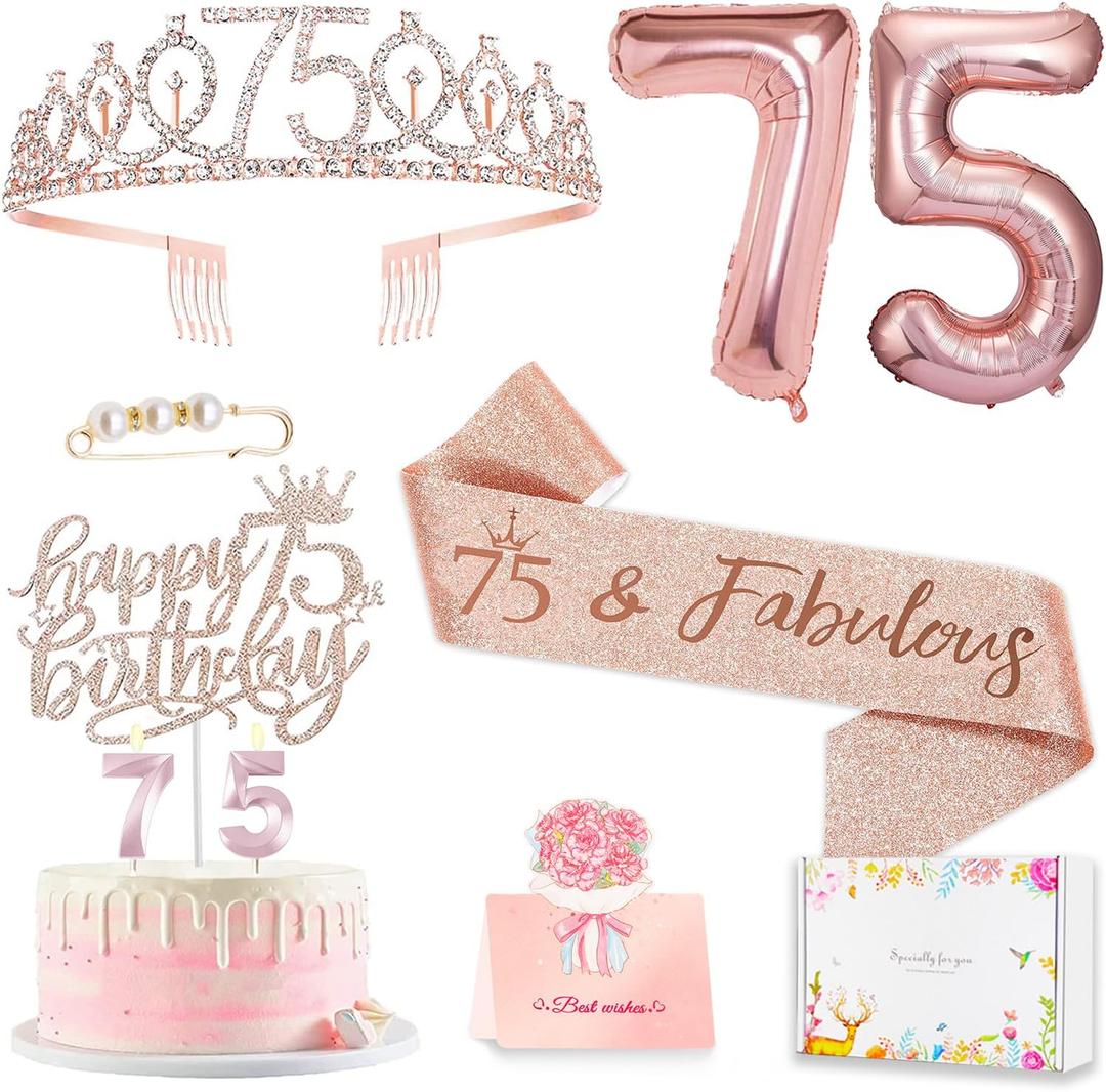 75th Birthday Gifts Decorations for Women, Including 75 year old Cake Topper, Birthday Queen Sash with Pearl Pin, Sweet Rhinestone Tiara Crown, Number Candles and Balloons Set, Rose Gold