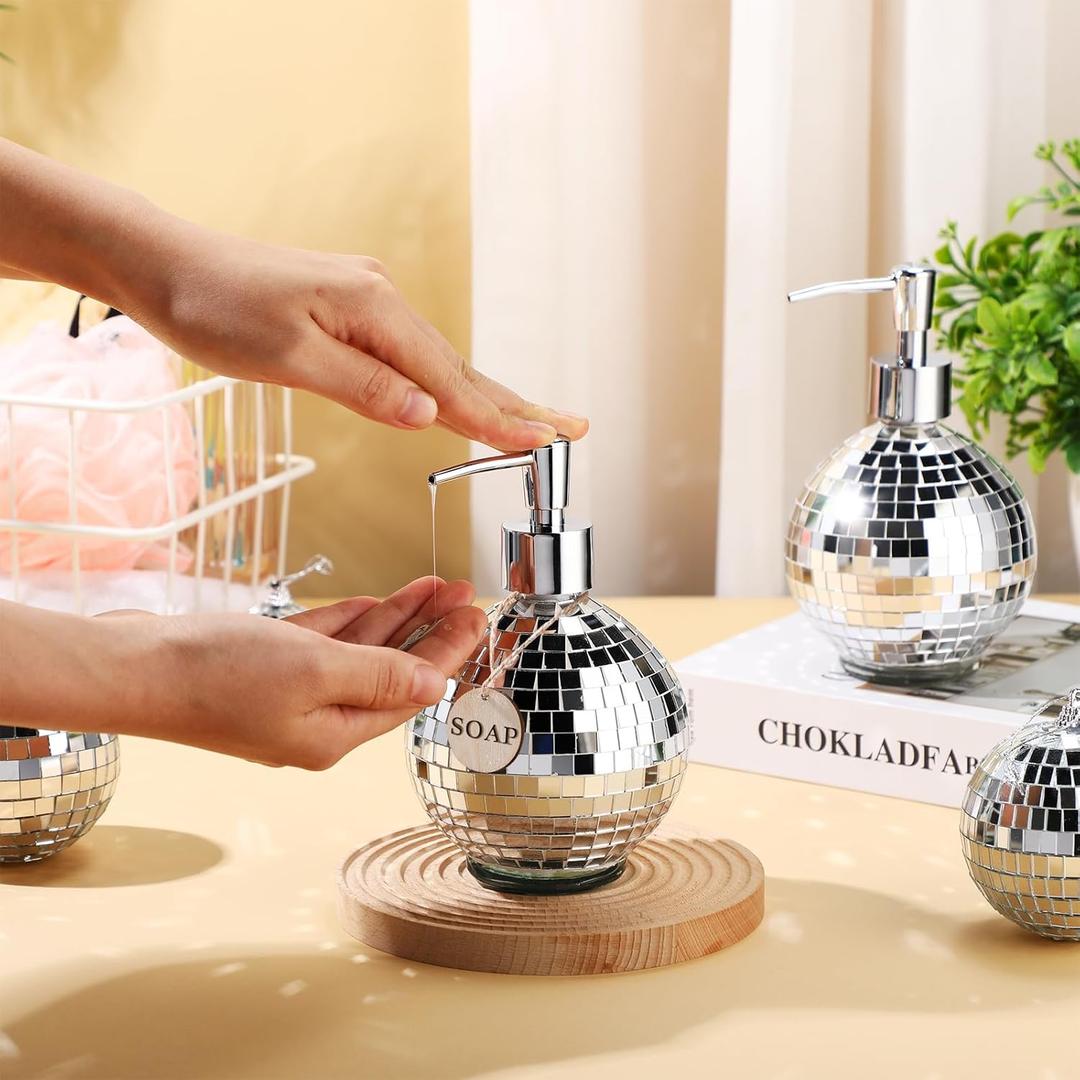 FillTouch 2 Pcs Disco Ball Glass Soap Dispensers with Pump 14 oz Mirror Lenses Lotion Bottle Refillable Dispenser for Bathroom Kitchen Liquid Hand Soap Lotion Essential Oil(Classic,Silver)