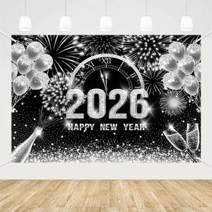 MEHOFOND 7x5ft Black and Silver 2026 Happy New Year Backdrop Hello 2026 New Year Eve Party Photography Background Champagne Balloon Fireworks Glitter Dots Cheers to 2026 Decor Banner Photo Booth Props