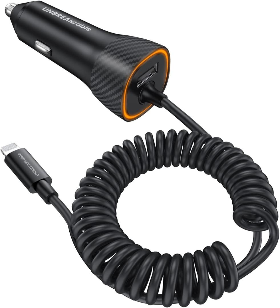 32W iPhone Car Charger - UNBREAKcable [PD 20W Quick Charge] [Apple MFI C94 Certified] Phone Cigarette Lighter with Built-in 5FT Lightning Cable for Apple iPhone 14/13/12/11/Xs/XS Max/XR/X/8-Orange