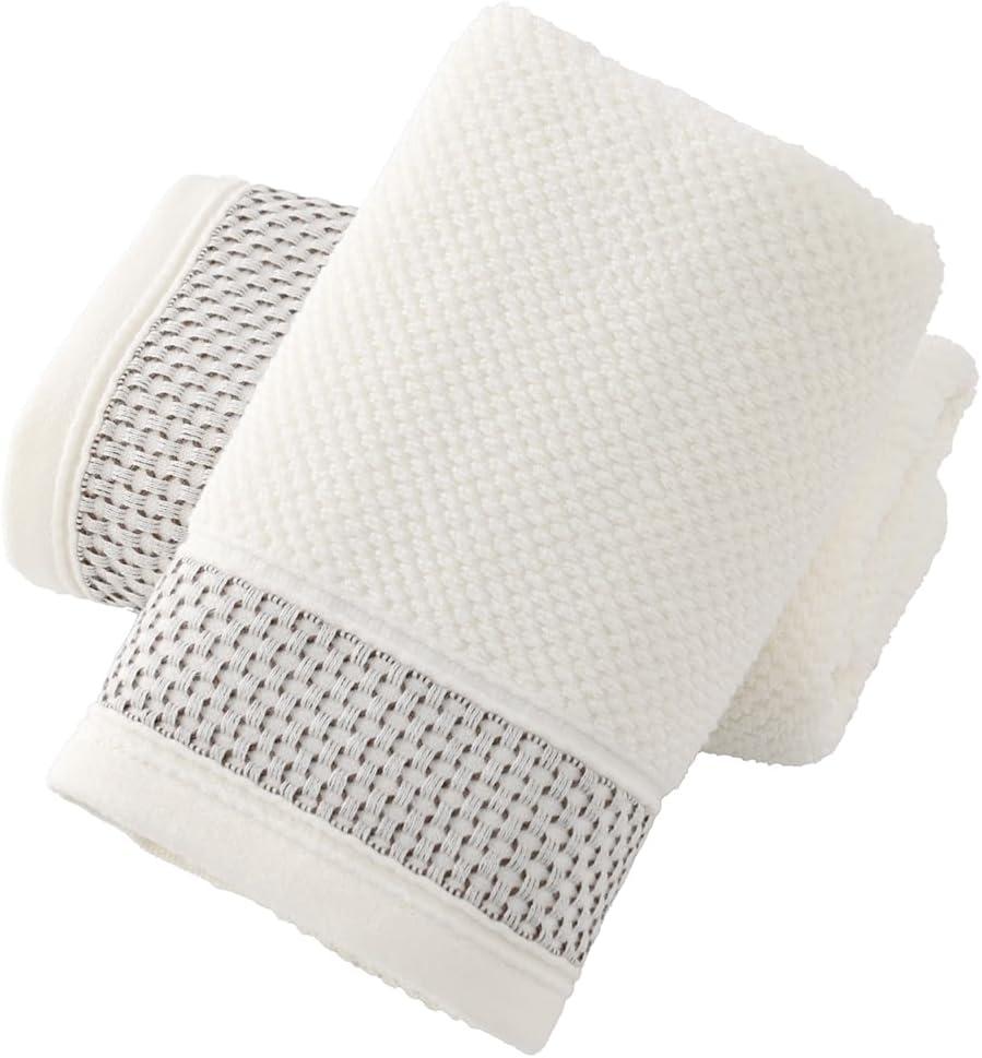 sense gnosis White Hand Towel Set of 2 Textured Terry Clusters with Woven Border Decorative 100% Cotton Super Soft Highly Absorbent Hand Towel for Bathroom 13 X 29 Inch