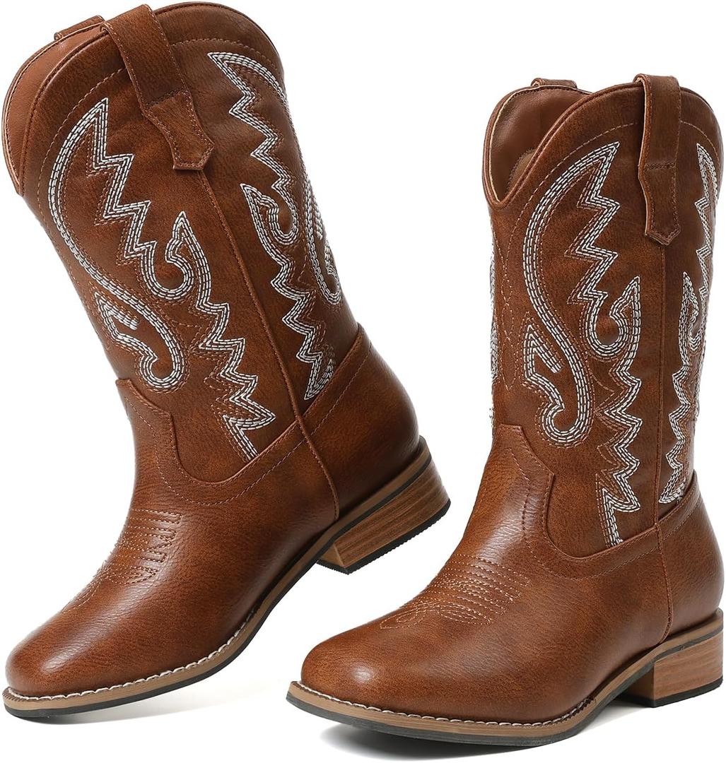 Little Boys Cowboy Boots Square Toe Brown Boots Embroidered Western Kids Boots For Toddler/Little Kid/Big Kid, Size 1
