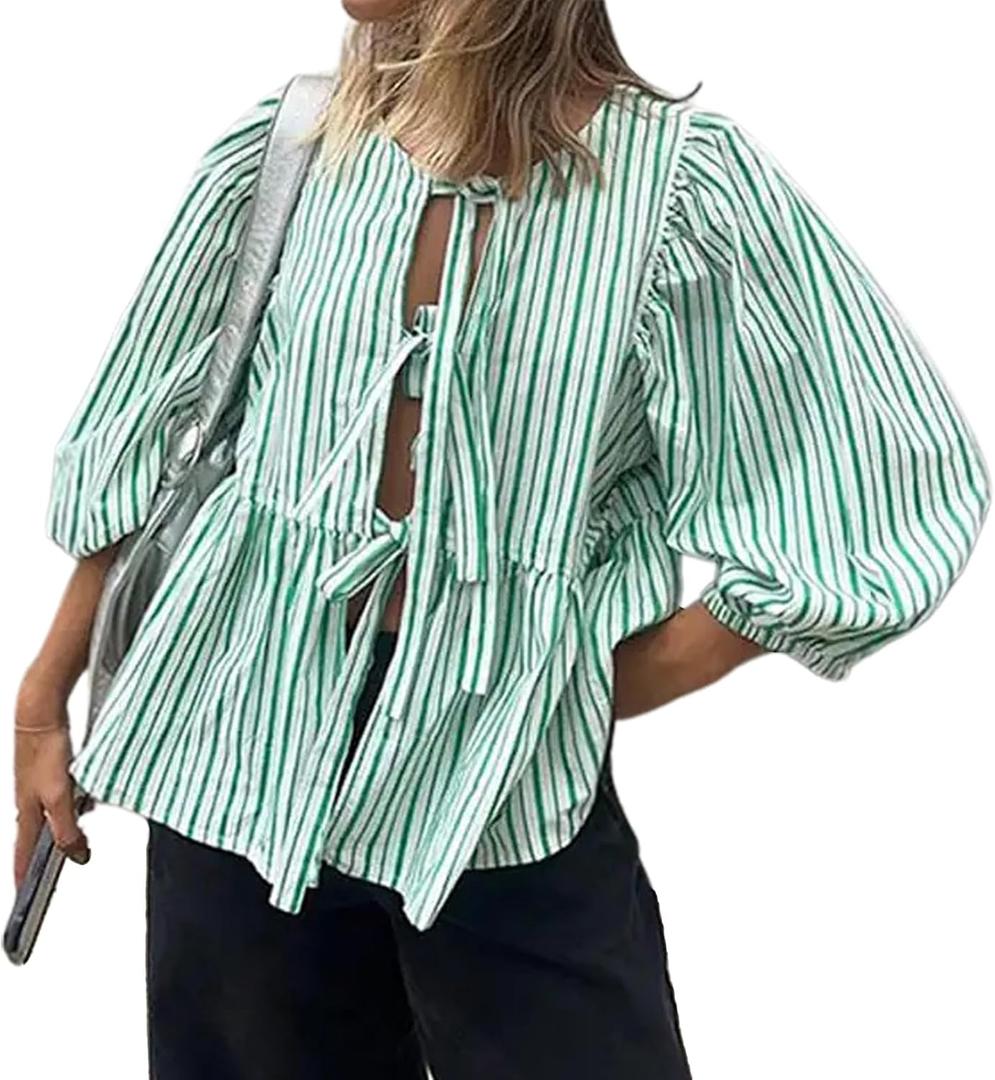 Tie Front Tops for Women Leopard Print Peplum Babydoll Top 3/4 Length Puff Sleeve Coquette Tops Cute Going Out Tops, Small, Green Striped