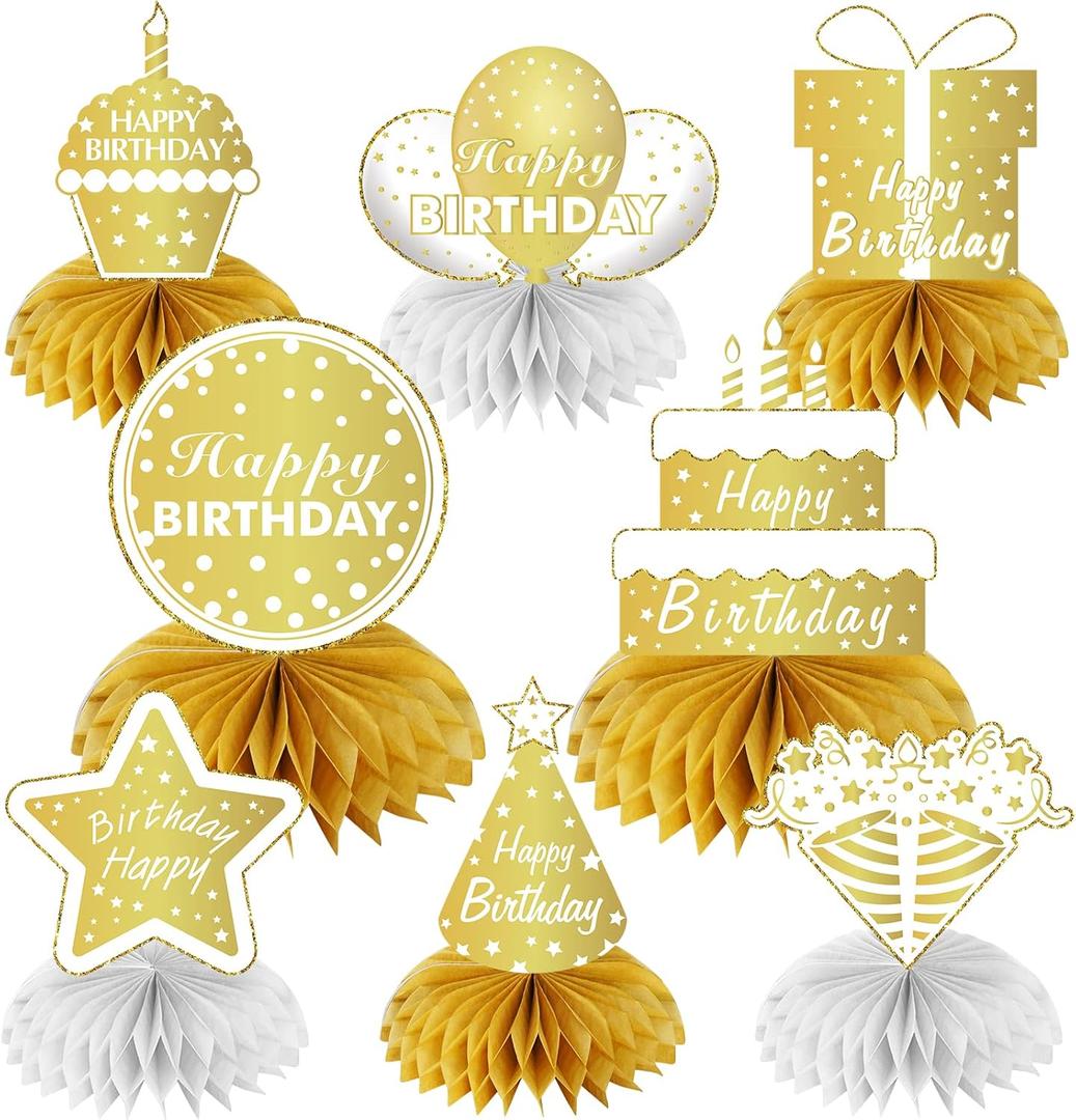 Uiorgui Happy Birthday Table Decorations, 8Pcs White Gold Birthday Decorations for Women Men Table Centerpieces for Birthday Party 16th 18th 21st 30th 40th 50th 60th Birthday Table Sign Toppers Decor