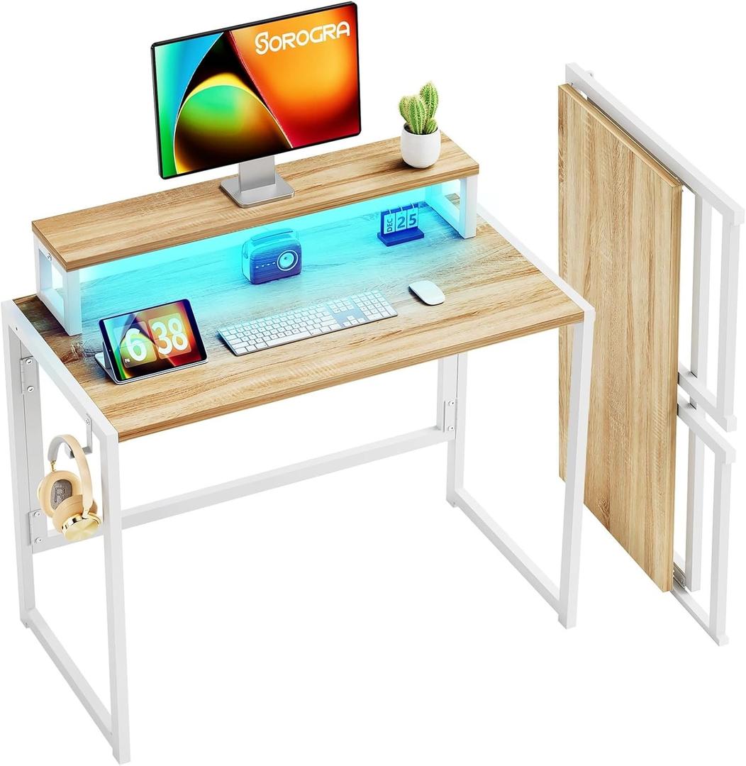 Small Folding Desk 31.5 Inch, Foldable Computer Desks with LED Lights and Monitor Stand, Work Portable Table for Bedroom Home Office, Oak