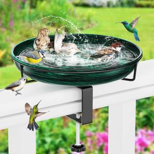 Deck Mounted Metal Bird Bath for Outside, Detachable Birdbath Bowl with Adjustable Steel Clamp, Outdoor Bird Feeder for Railing Balcony Fence Yard Art Garden Decor (Vintage Green)