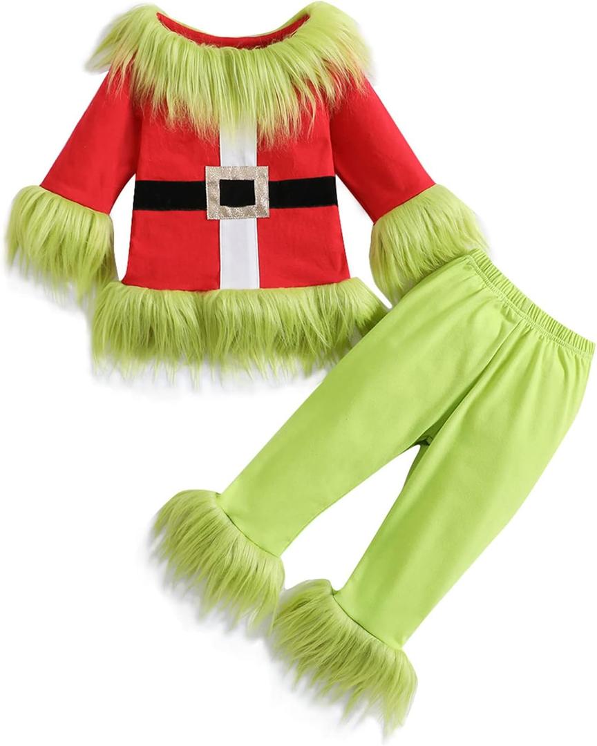 Toddler Baby Boys Girls Christmas Cosplay Monster Costume Outfits Green Furry Santa Long Sleeve Tops and Pants Set (6-7 Years)