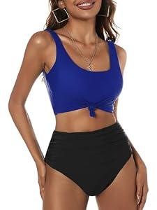 ZAFUL Women's Knot Scoop Neck Bikini Set Ruched High Waisted Two Piece Swimsuits Tankini 2025, Blue Black, XL