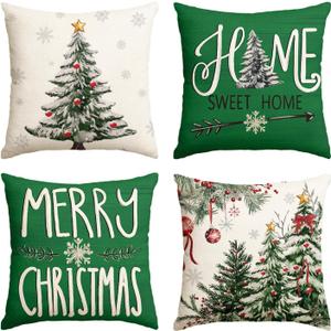 AVOIN colorlife Merry Christmas Trees Balls Berries Throw Pillow Covers, 16 x 16 Inch Green Home Sweet Home Seasonal Winter Holiday Cushion Case Decoration for Sofa Couch Set of 4