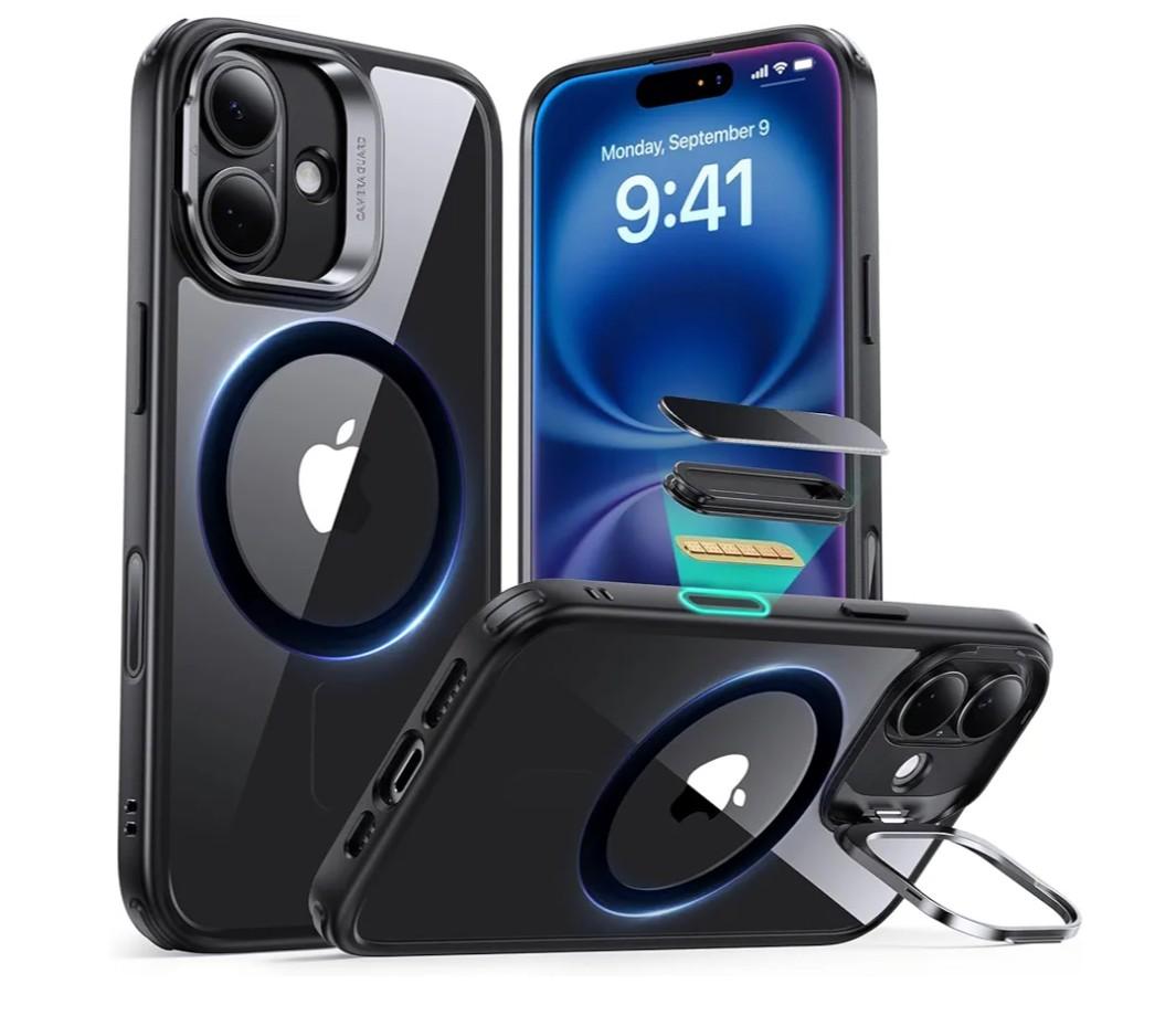 ESR for iPhone 16 Case, Compatible with, Military-Grade Protective Case, Built-in Stash Stand Phone Case, Scratch-Resistant Back Cover, Classic Series, Clear Black