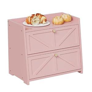 Trironsun Vintage Double Layer Bread Box for Kitchen Counter Bamboo Bread Storage Container Large Capacity Bread Storage Bin (Pink)