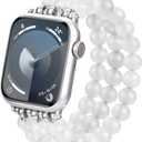 MOFREE Beaded Bracelet Compatible for Apple Watch Band 38mm 40mm 41mm Women, Fashion Handmade Crystal Beads Elastic Stretchy Charms Strap for iWatch Band Series SE 9 8 7 6 5 4 3 2 1 (White)