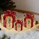 Christmas Decorations, 3-Piece Set, Box Ornaments with Bows, Illuminates Christmas Tree Skirts. Suitable for Indoor, Courtyard, and Outdoor Lawn Decorations. (Gold)