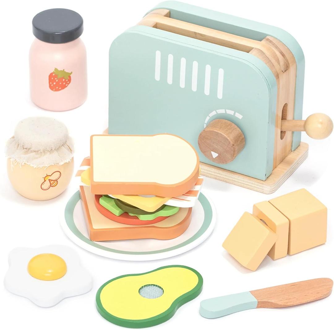 UMU® Wooden Toaster & Sandwich Play Set – Includes Pop-up Toaster, Sliceable Butter, Kitchen Accessories & More – Pretend Play Toy for Kids Ages 3 4 5 6