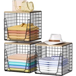 SWTYMIKI 3PCS Closet Organizers and Storage - Stackable Closet Basket with Wood Top Shelf, Clothes Storage Shelves, Clothes Drawer Bins for Wardrobe, Bedroom, Entryway, Black