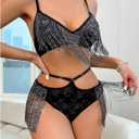 SweatyRocks Women's Fringe Cut Out Lace Bra and High Waist Panty Sets 2 Piece Sexy Lingerie (Black, L)