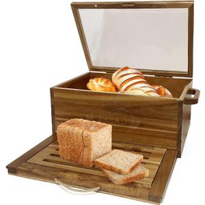 Large Acacia Wooden Bread Box for Kitchen Counter Bread Cutting Board with Crumb Tray Bread Storage Container Farmhouse Bread Box for Your House (Acacia Wooden, Long 14.5 Inch)