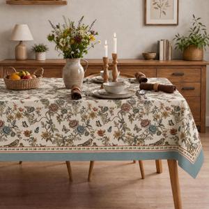 Horaldaily Spring Tablecloth 60x140 Inch Rectangular, Vintage Boho Style Rose Peony Butterflies Birds Floral Green Washable Seasonal 250GSM Table Cover for Party Picnic Dinner Decor