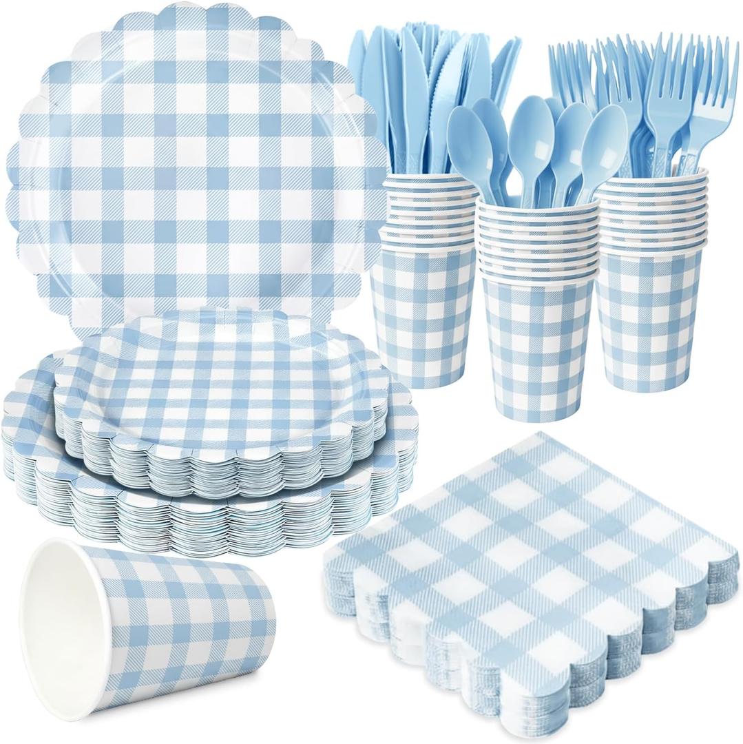 175 PCS Blue Gingham Party Supplies Includes Light Blue Gingham Paper Plates, Cups, Napkins, Cutlery for Wedding Bridal Shower Birthday Baby Shower Party Decorations, Serves 25