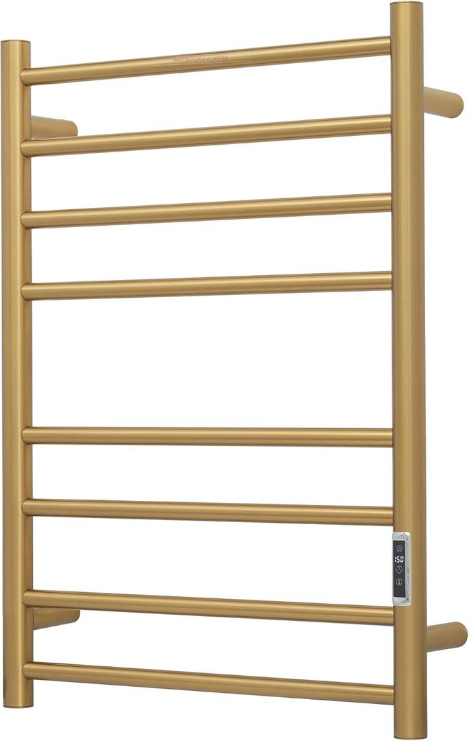Electric Heated Towel Warmer - Wall Mounted Bathroom Towel Rack, Plug-in Design & Gold Brushed Stainless Steel Finish 8 Bar Gold with Timer & Temperature Control