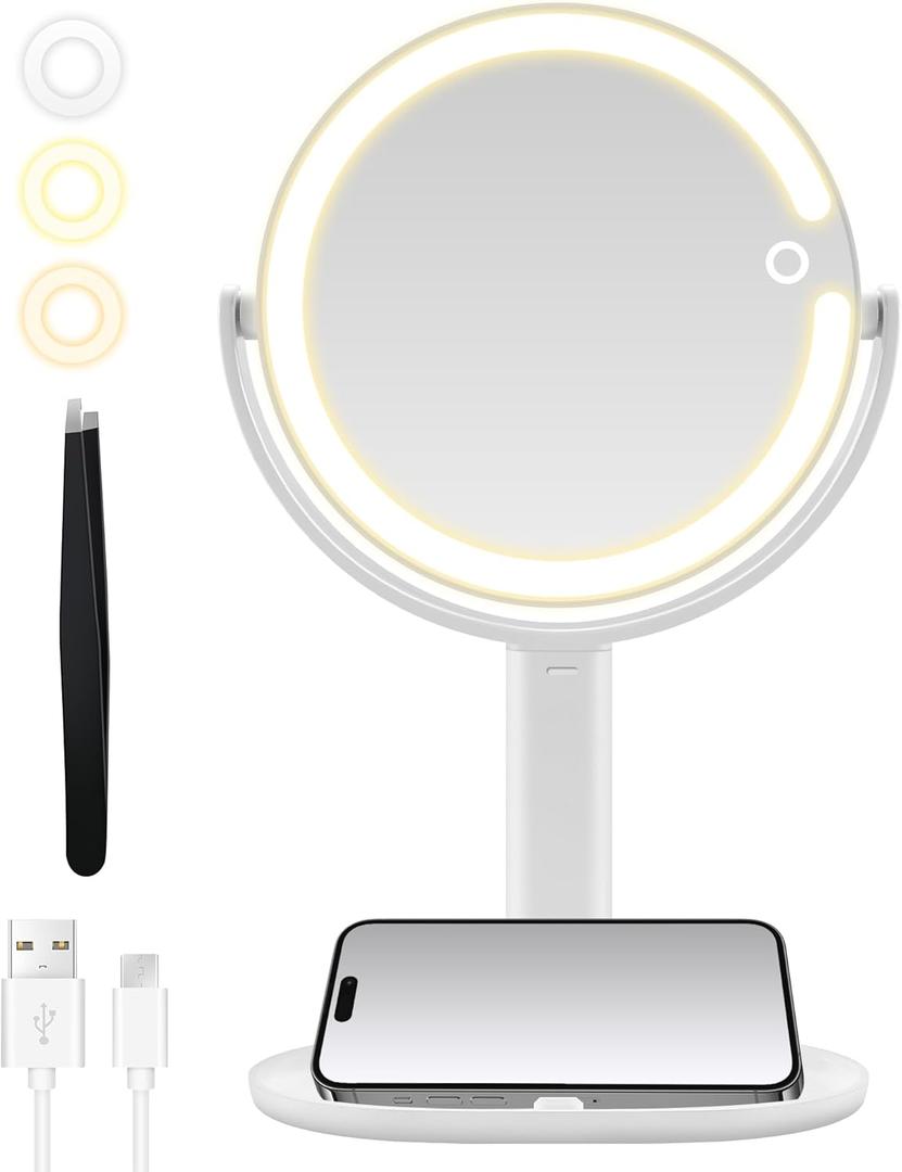 Makeup Mirror with Lights, Double Sided 1x/20x Magnifying Mirror with Light, Rechargeable 3 Color Lights and Adjustable Brightness, 360 Rotation Detachable Comes with Tweezer(White) (11.8"L x 8.7"W)