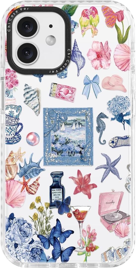 for iPhone 12 Case, Vintage Coastal Collage Pattern with Shells & Teacups, Military-Grade Drop Protection, Glossy Elegant Soft Slim TPU Protective & Camera Protection for Women Girls (SunflowerCut)