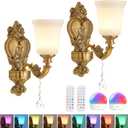 Battery Operated Wall Sconce Set of 2, RGB Dimmable Rechargeable Wall Light with Glass Shade, 48hr Battery Life Wireless Sconce with Remote Control Timer, Farmhouse Rustic Style Wall Lighting Fixture