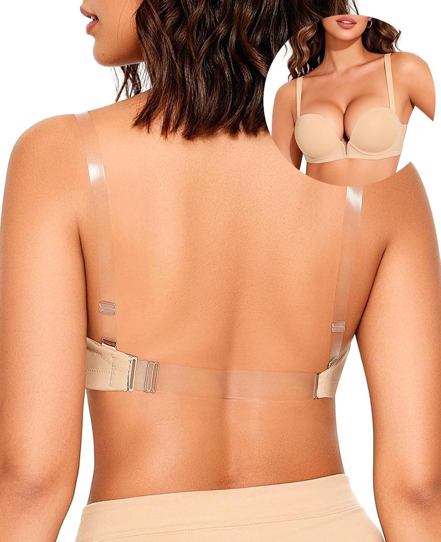 YBCG Backless Bra with Clear Straps and Back Halter Covertible Plunge Push up Padded Add A Cup Underwire Bras for Women (Orange) 42B