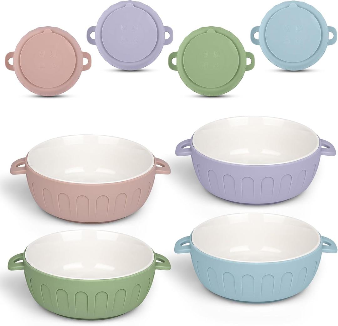 iNeibo 4 Packs Porcelain Baby Bowls with Silicone Sleeve for Toddler Feeding, BPA-Free, Non Slip, Microwave & Dishwasher Safe (Suction cup, Blue+Green+Pink+Purple)