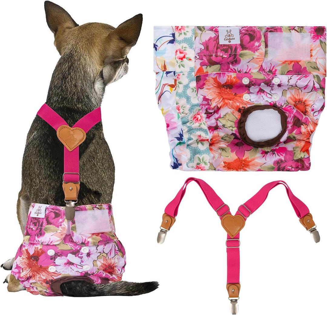 CuteBone Dog Diapers Female 3 Pack Reusable Doggy Diapers with One Suspender for Small Dog Period BDD02S, S