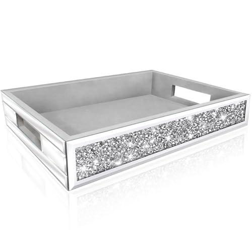  Wocred Mirror Perfume Tray fits Dresser Bedroom, Crushed Diamond Bathroom Tray with Handles Vanity Tray, Decorative Serving Tray for Coffee Table Decor(14”x 10”x 2.5”)