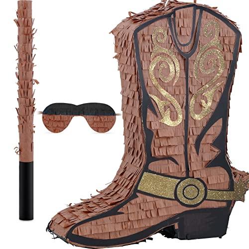 Deekin 3 Pcs Cowboy Boot Piñata Set Cute Western Piñata with Stick Eye Mask for Kids School Sports Bridal Shower Birthday Party Decorations Supplies