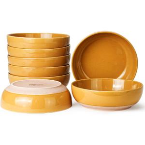 Metflavor Pasta Bowls Set of 8, 34oz Speckled Ceramic Bowls Set for Serving Salad, Pasta, Soup, Dinner, 8" Wide and Deep Bowls, Dishwasher & Microwave Safe, Matte Terracotta Base (Ginger Yellow), 8pcs