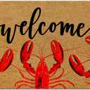Coastal Beach Red Lobster Welcome Mat, Beachy Ocean Nautical Faux Coir Door Mat Doormat for Front Door Indoor Outdoor Porch Entrance Entryway Outside Inside, 17x30 Inches