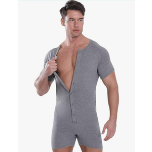 Mens Short Sleeve Onesie Bodysuit Henley Jumpsuit One Piece Pajamas Rompers L