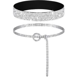 Pangda 2 Pcs Women Stretchy Rhinestone Dress Glitter Belts O Ring Buckle Bling Diamond Belts for Women Shiny Party