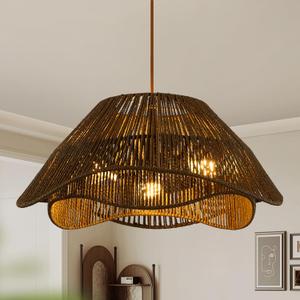 Rattan Pendant Light Fixture Ceiling, 19.68Hand Woven Wicker Chandelier, Rustic 3-Light Large Hanging Lamp, Adjustable Boho Flush Mount Hanging Light for Dining Room Kitchen Living Room (Antique)