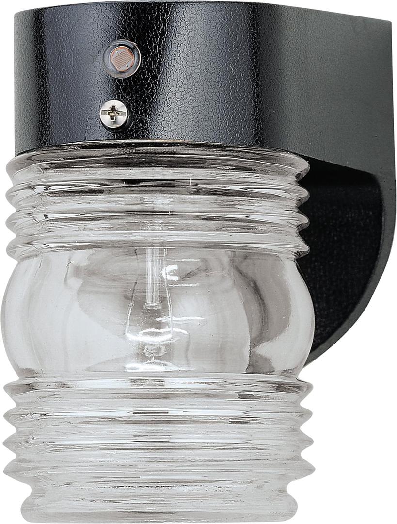 Westinghouse 6694900 Traditional One-Light Outdoor Jelly Jar Wall Fixture with Dusk to Dawn Sensor, Black Finish on Polycarbonate, Clear Glass